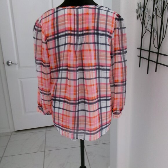 Tommy Hilfiger Plaid Loose Flowy Blouse Semi Sheer Sleeve Orange Pink Black S - Picture 6 of 10
